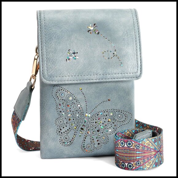 Handbags - Vegan Leather Crossbody Bag with Triple Pockets, Adjustable Strap, Butterfly